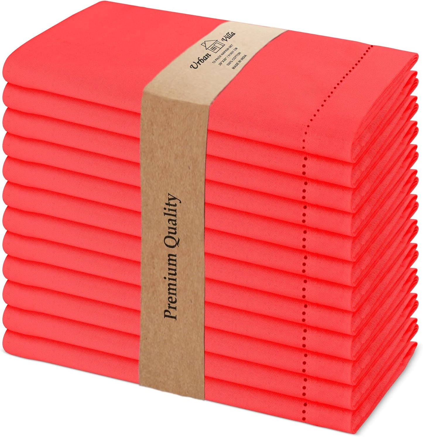 Urban Villa Cloth Napkins Set of 12 20"x20" 100% Cotton Hemstitch Napkins Cloth Washable Durable Reusable Absorbent Table Dinner Napkins Cloth for Christmas Hotel Lunch Restaurant Weddings Parties–Red