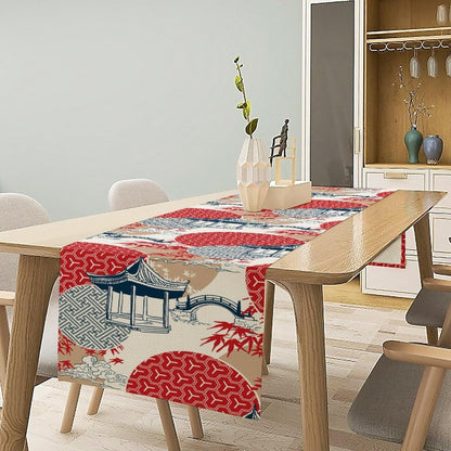 Asian Style Landscape Dinning Table Runner, Oriental Line Geometry Wave Traditional Elements Red White Table Runner for Kitchen Home Party Dinner Set, 13x108 Inch