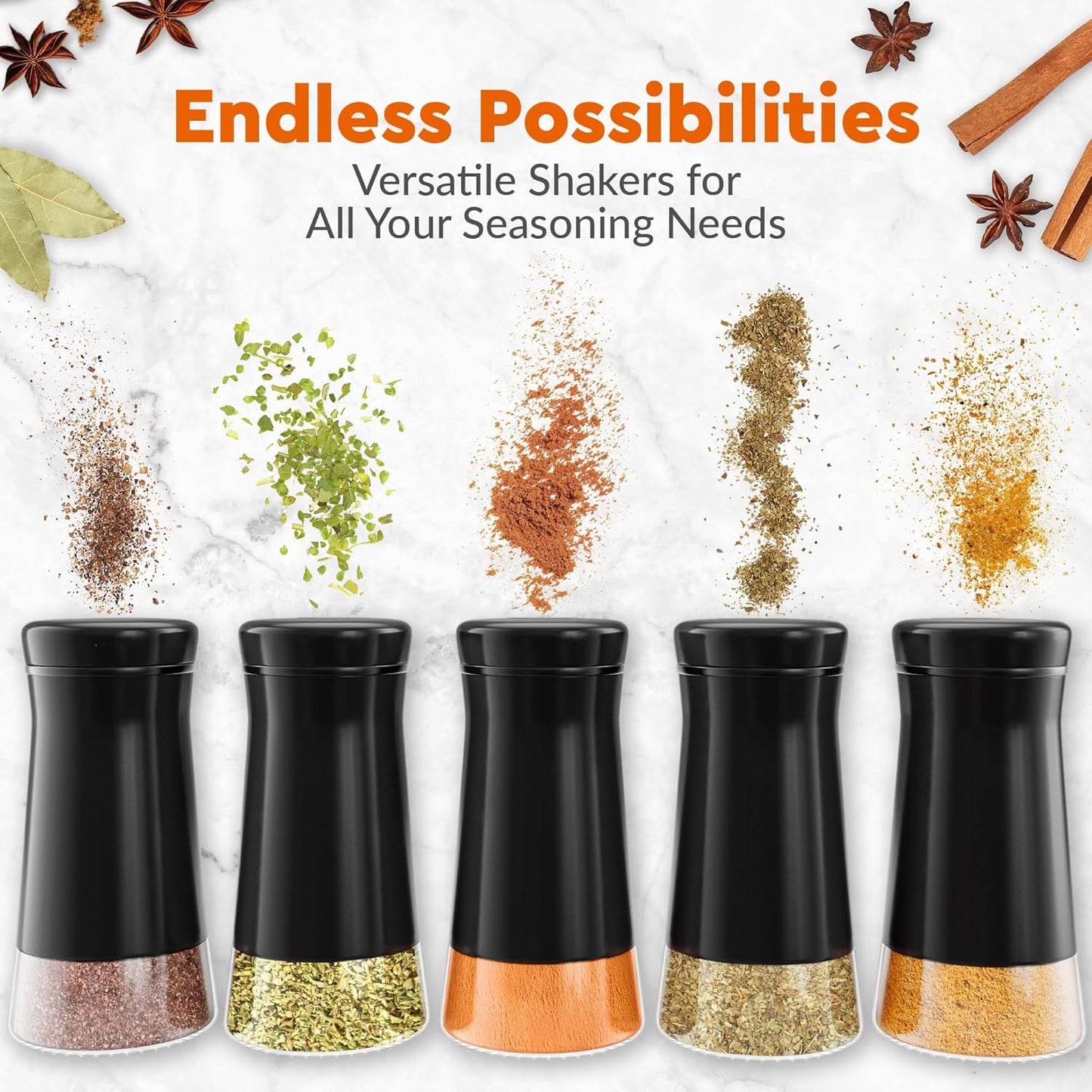 HOME EC Original Salt and Pepper Shakers Set with Adjustable Pour Holes - Black Salt Shaker and Pepper Shaker - Farmhouse Spice dispenser for salts, Ground peppercorn and spices