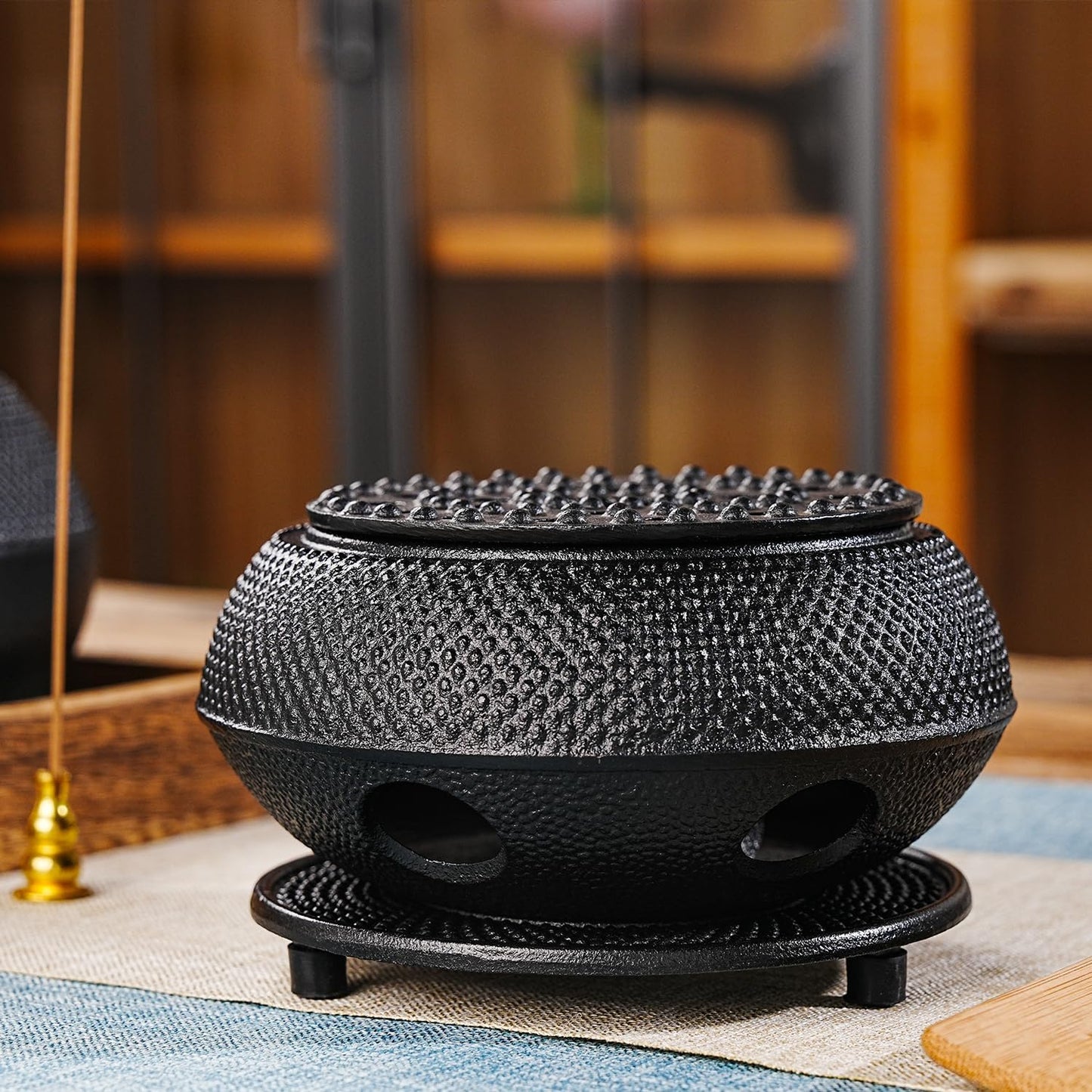 Sungmor Black Cast Iron Teapot Warmer - Japanese Tea Heater Base with Candle Holder, Heat Retaining Stand for Tetsubin or Glass & Ceramic Teapots