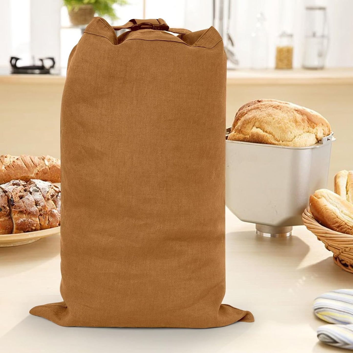 2 Pcs Reusable Linen Bread Bags with Zipper (Dark Yellow), 13 x 19.6 Inches, Plastic Free, Single Layer