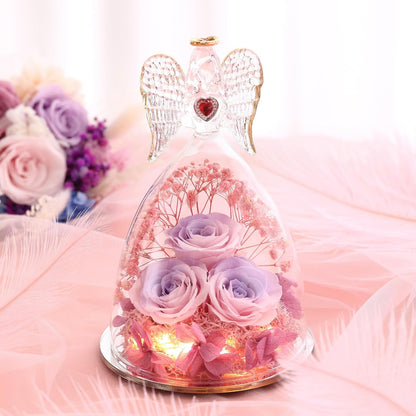 Mothers Day Rose Gifts for Women, Large Angel Figurines with Real Roses, Preserved Real Flower Rose for Her, PinkPurPink