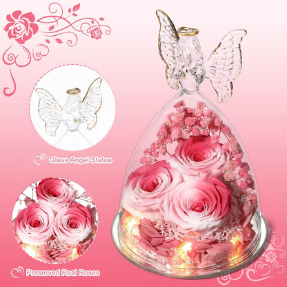 Christmas Rose Gifts for Women Preserved Real Flower in Glass Angel Figurines Roses for Delivery Prime Birthday Gifts for Mom Grandma Girlfriend Wife Her, Pink White