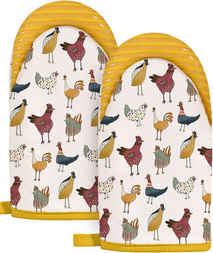 Slohif Chicken Mini Oven Mitts Set – Yellow Animal Extended Short Heat Resistant Kitchen Gloves for Women, 100% Cotton Oven Mitts with Silicone Grips, Non-Slip and Thick Durable for Cooking & Baking