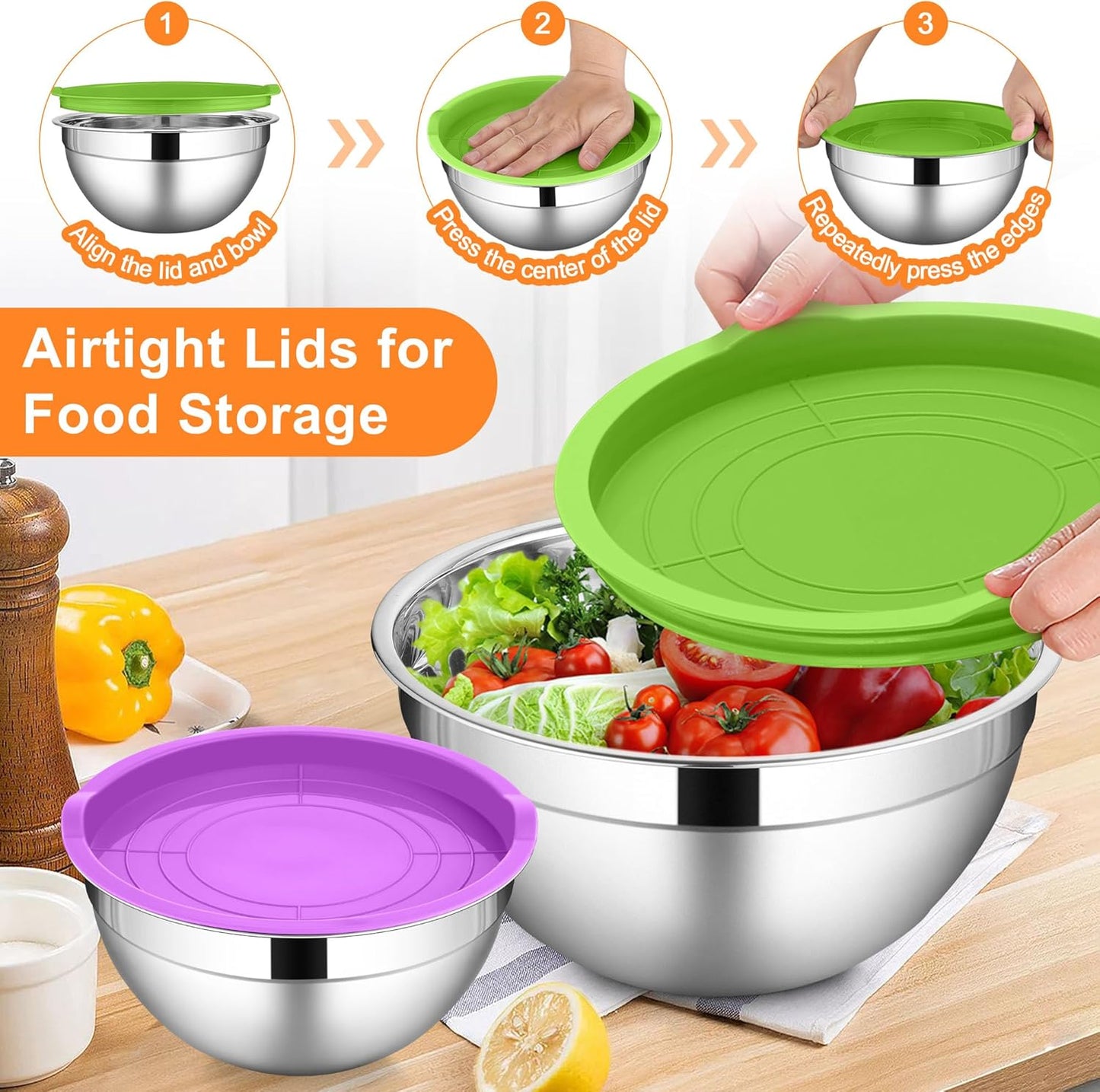 LIANYU Mixing Bowls with Lids Set of 6, Large 7 & 3.5 & 2.5 & 2 & 1.5 & 1QT Stainless Steel Serving Bowls, Kitchen Metal Nesting Bowl for Cooking, Food Storage, Dishwasher & Freezer Safe, Multi-Color