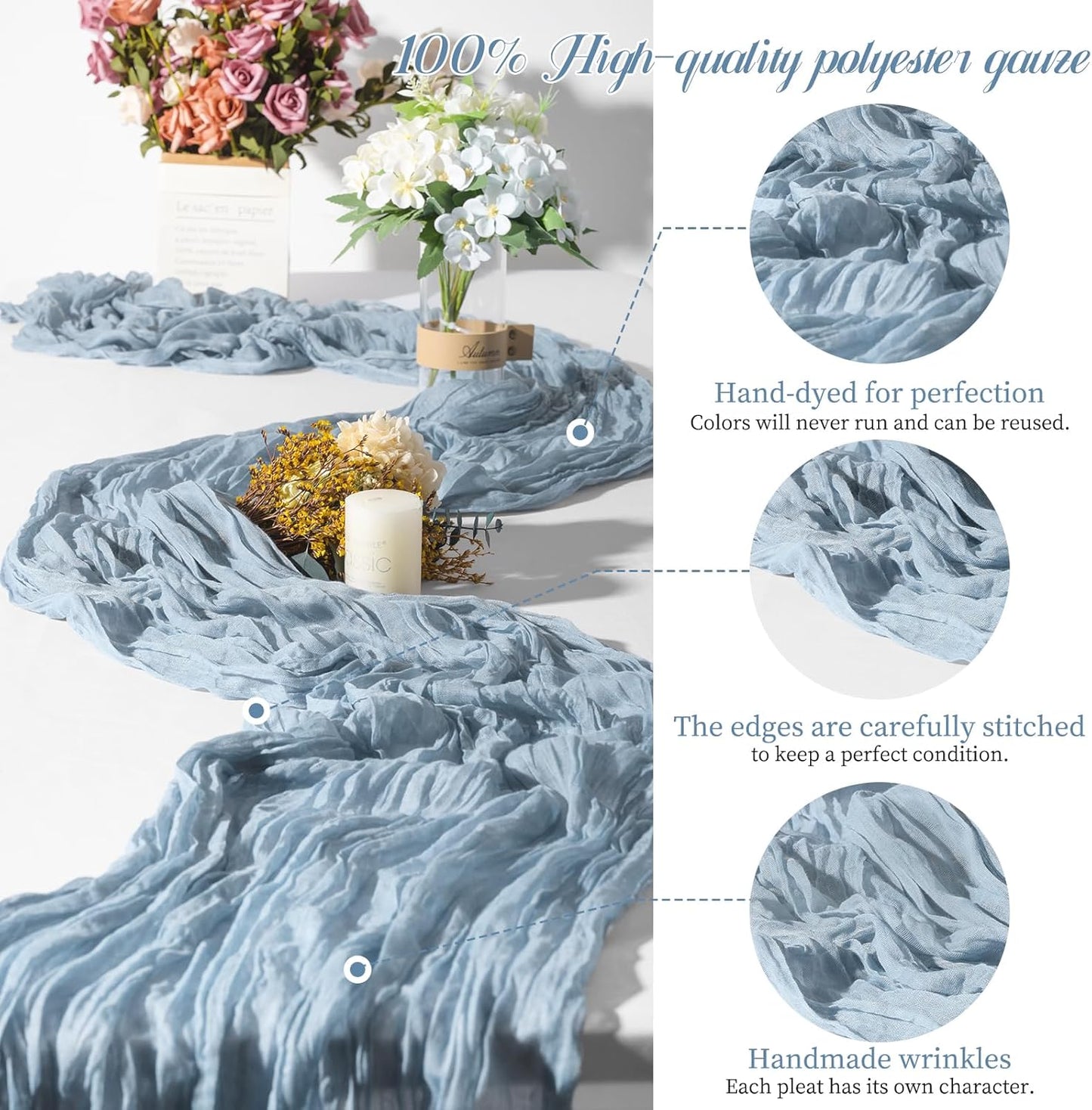 15 Packs Cheesecloth Table Runner Dusty Blue,10 Ft Blue Rustic Gauze Boho Wedding Table Runner Decoration,Wedding Table Decor Table Cloth for Wedding Party Bridal Shower Table,21.5x120in