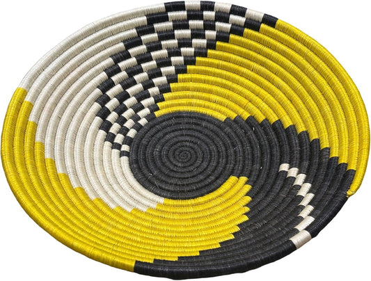 Handwoven African Basket Handmade sisal Fruit Bowl Wall Hanging decorative Baskets for Home Living Room Kitchen Centerpiece Zen Designs Arts and Crafts (Black Mustard, 12in diameter)