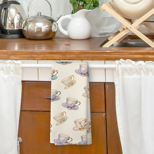 Vintage Spring Floral Teacups Kitchen Dish Towels, Retro Tea Coffee Lovers Gifts for Women Girls, Tea Time Decor, Roses Flower Cups Hand Towels Kitchen Teas Towels Decorations, 16x24inch