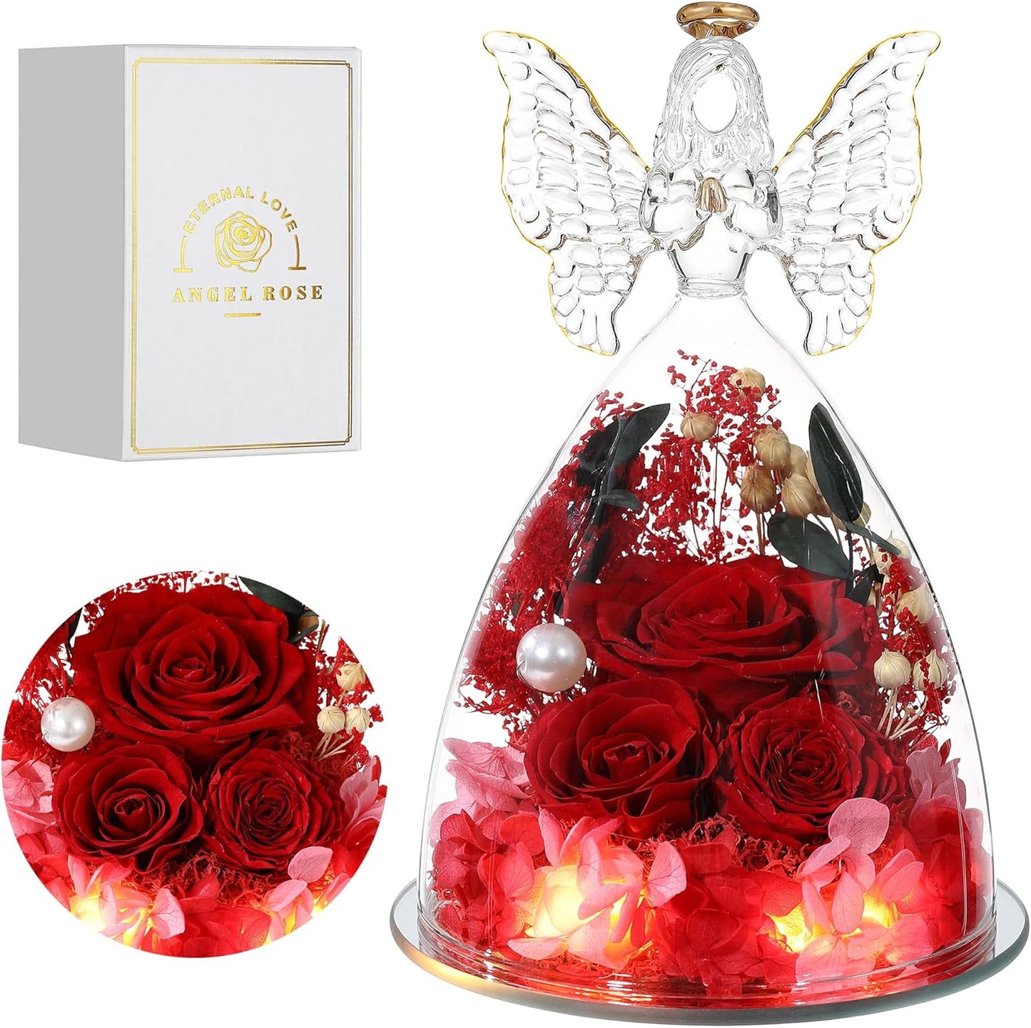Christmas Rose Gifts for Women Preserved Real Flower in Glass Angel Figurines Roses for Delivery Prime Birthday Gifts for Mom Grandma Girlfriend Wife Her, Red Austin Roses