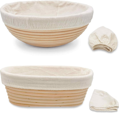 Banneton Bread Proofing Basket,9.8 Inch Round + 9.8 Inch Oval Sourdough Proofing Baskets with Liner,Dough Proofing Bowls,Made of Natural rattan,for Sourdough Bread Baking Supplies