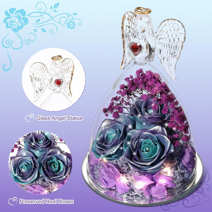 Mothers Day Rose Gifts for Women, Large Angel Figurines with Real Roses, Preserved Real Flower Rose for Her, Glittery Blue Purple