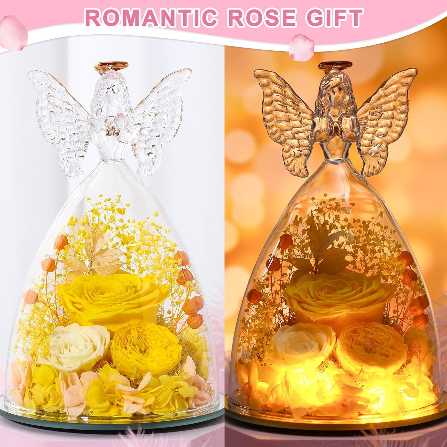 Christmas Rose Gifts for Women Preserved Real Flower in Glass Angel Figurines Roses for Delivery Prime Birthday Gifts for Mom Grandma Girlfriend Wife Her,Yellow Austin Roses