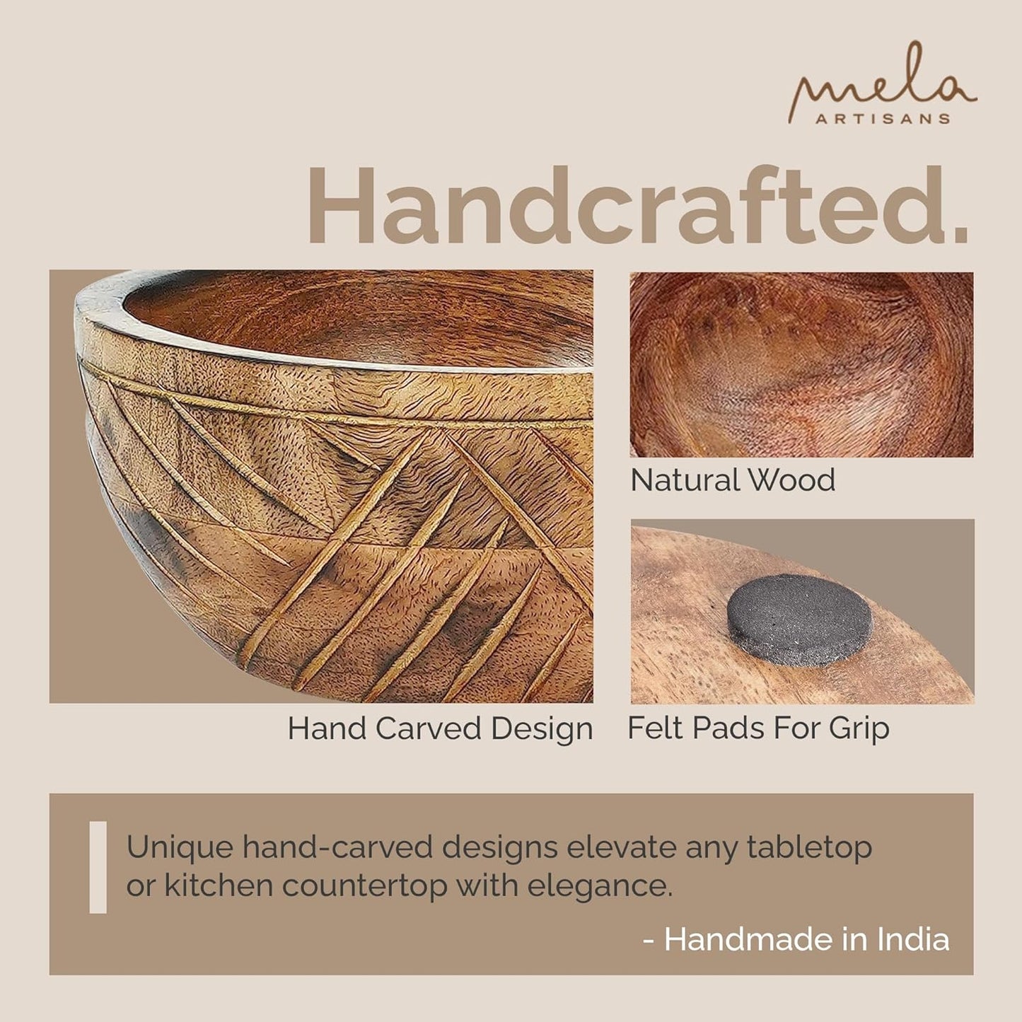 Mela Artisans Wooden Fruit Bowl | Light Burnt Finish | 9” Decorative Mango Wood Serving Bowl | Multipurpose for Kitchen Countertop | Salad | Dessert | Snacks | Breads & More | Natural Grain Pattern