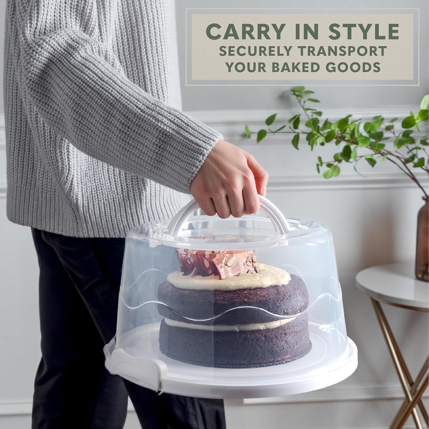 EXTRA LARGE & EXTRA STURDY Cake Carrier, Cake Stand with Lid and Foldable Handles - Multifunctional Serving Platter and Cake Plate - Cake Container with Dome and Strong Snaps 13 x 13 x 7 inch (White)