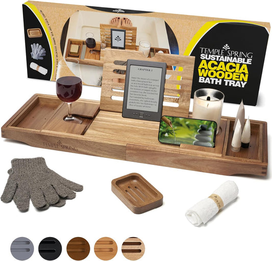 Temple Spring Wooden Bathtub Tray, Acacia Bathroom Accessories, Bath Tray for Tub, at Home Spa Essentials, Board for Tub Table, Bath Caddy for Bathtub Accessories & Bathroom Essentials - Not Teak