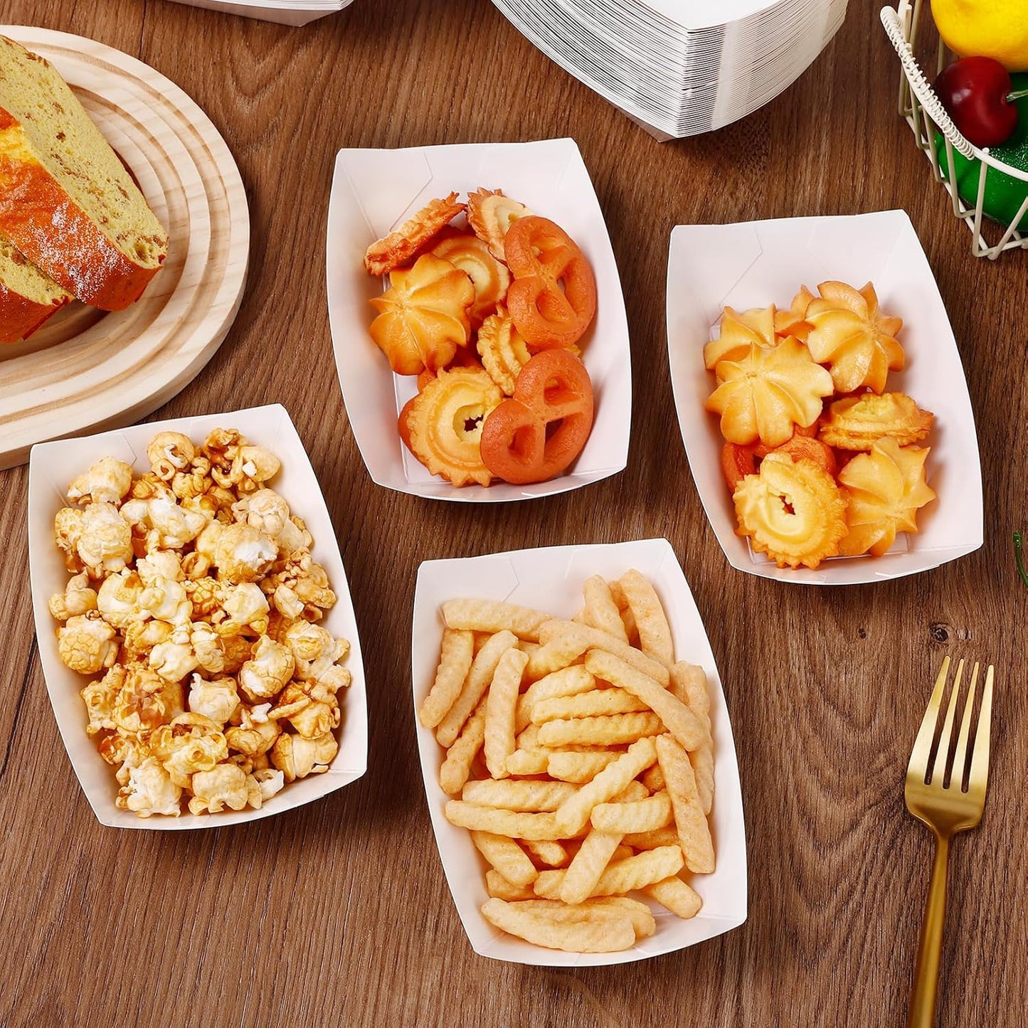 125 Pack Paper Food Trays, 1 LB White Food Boats, Disposable Kraft Paper Nacho Trays, Heavy Duty Serving Tray Boat, Disposable Serving Boats for Nachos Fries Tacos, Grease Resistant