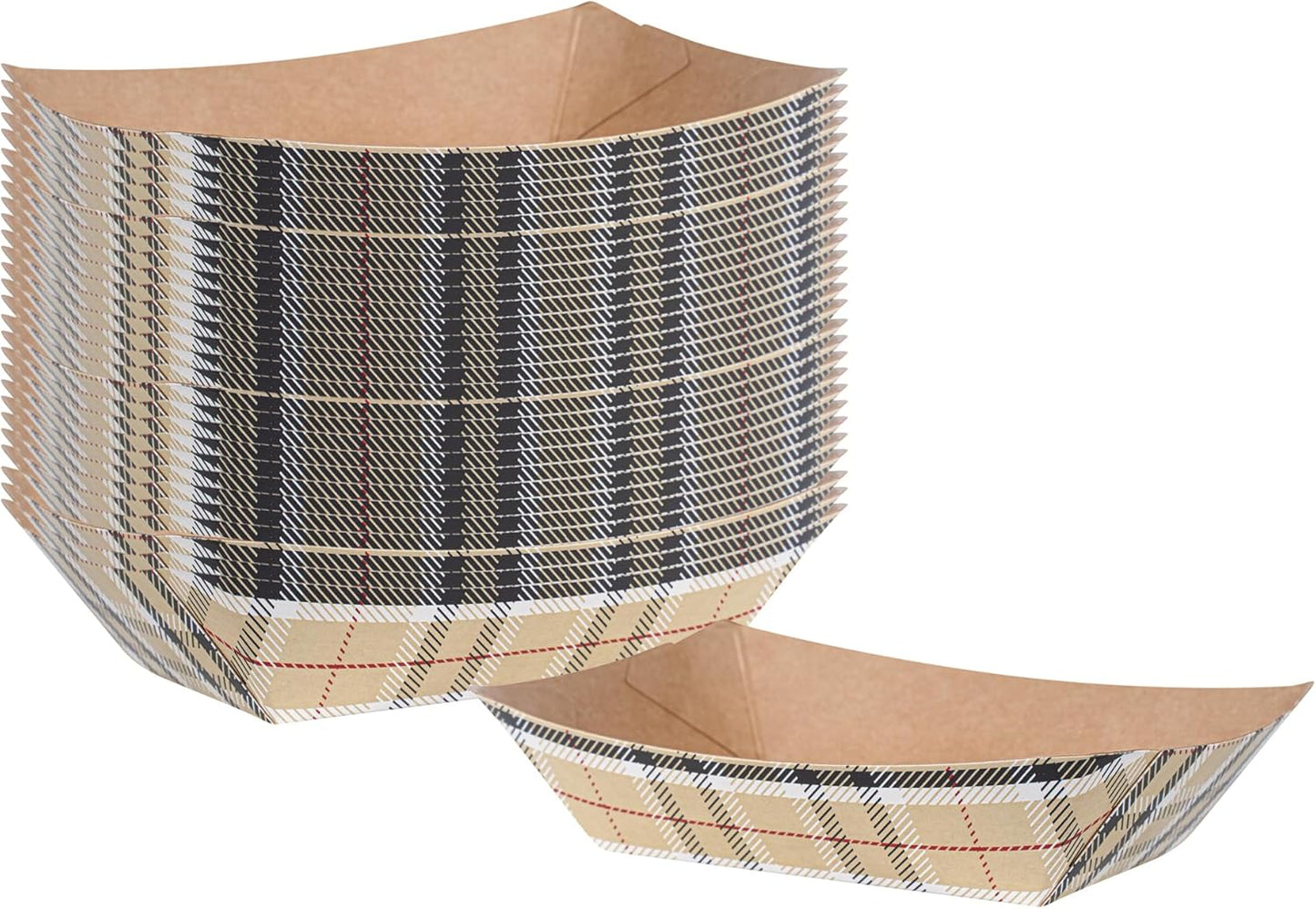 Restaurantware-Bio Tek 4 Ounce Paper Boats, 50 Disposable #25 Food Trays - PE Lining, Durable, Plaid Print Paper Food Baskets, For Concession Stands, Picnics, or Fairs