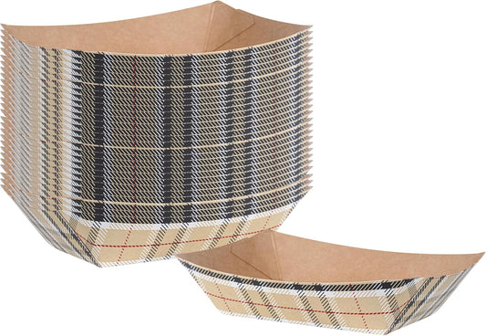 Restaurantware-Bio Tek 4 Ounce Paper Boats, 50 Disposable #25 Food Trays - PE Lining, Durable, Plaid Print Paper Food Baskets, For Concession Stands, Picnics, or Fairs