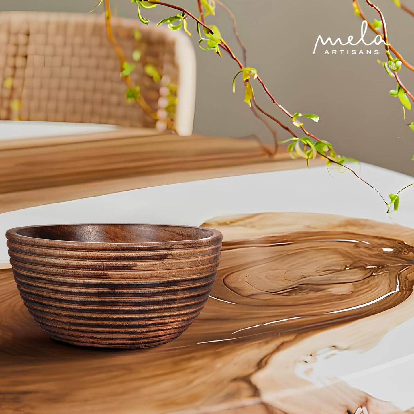 Mela Artisans Wooden Fruit Bowl | Dark Burnt Finish | 9” Decorative Mango Wood Serving Bowl | Multipurpose for Kitchen Countertop | Salad | Snacks | Fruit | Breads & More | Natural Grain Look