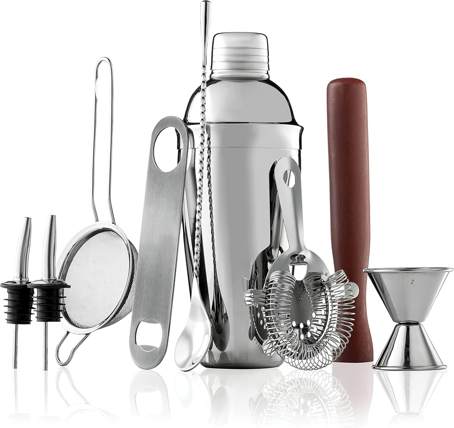FineDine 10-Piece Cocktail Shaker Set with Travel Bag - Stainless Steel Shaker Set Bartender Kit - Mixology Bartender Kit - Strainer, Muddler, Jigger, Bar Spoon, Bottle Opener, Pour Spouts - Bar Set