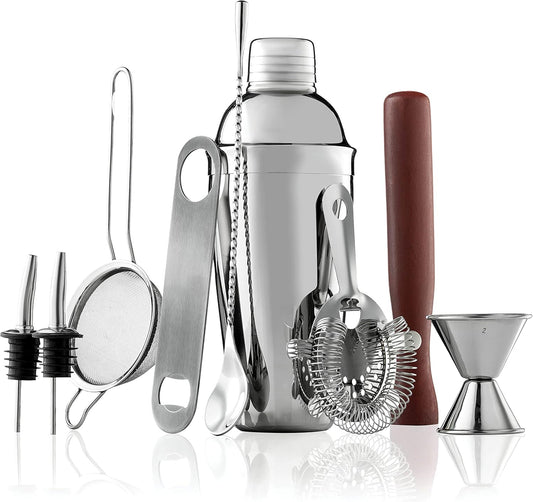 FineDine 10-Piece Cocktail Shaker Set with Travel Bag - Stainless Steel Shaker Set Bartender Kit - Mixology Bartender Kit - Strainer, Muddler, Jigger, Bar Spoon, Bottle Opener, Pour Spouts - Bar Set