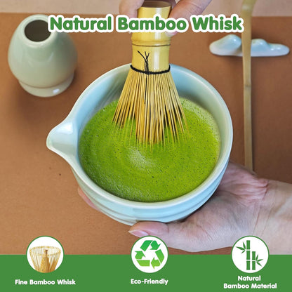 Matcha Whisk Set, 7 Pcs Ceramic Matcha Whisk Kit, Bowl with Spout, Holder, Stainless Sifter, Bamboo Scoop and Tea Towel, Gift Set for Tea Lovers