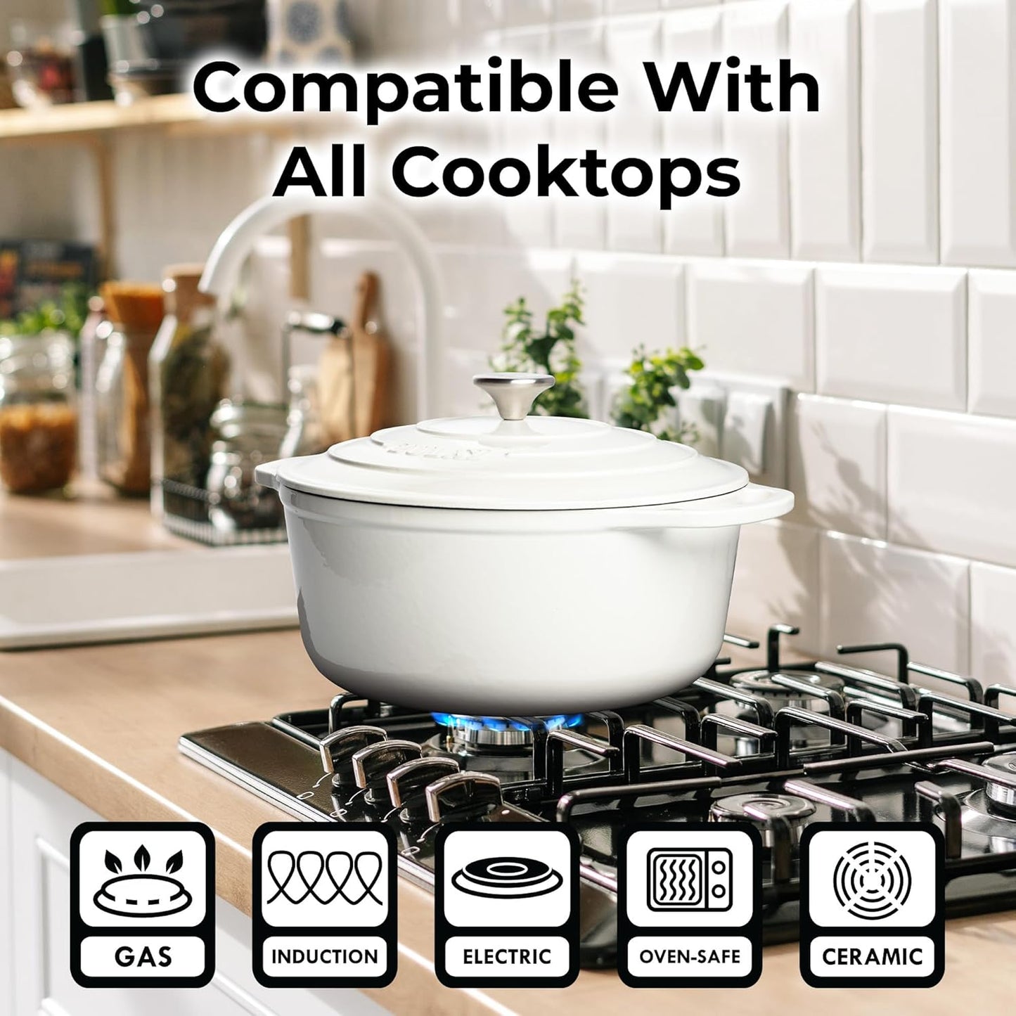 Zulay Kitchen 6 Quart Enameled Cast Iron Dutch Oven Pot with Lid – Premium Durability & Oven Safe up to 500°F – Heavy Duty Cookware Perfect for Bread Baking, Stews, Braising & Roasting – White