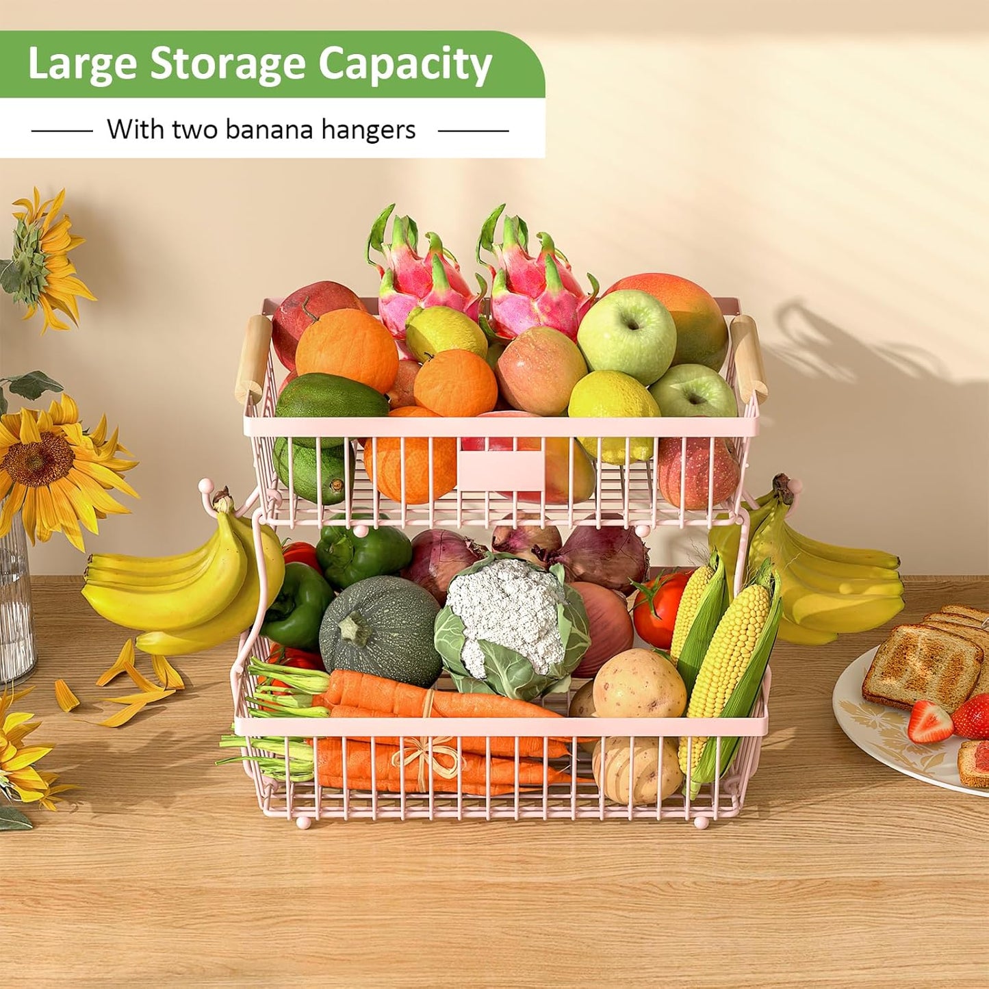2 Tier Fruit Basket for Kitchen Counter with 2 Banana Hangers, Countertop Metal Fruit Bowl with Wooden Handle, Large Storage Stand for Vegetables, Snacks, Breads, Produce Storage – Pink