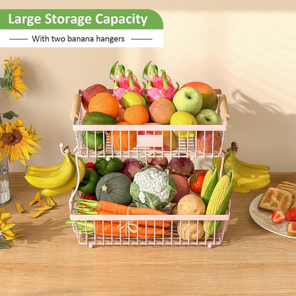 2 Tier Fruit Basket for Kitchen Counter with 2 Banana Hangers, Countertop Metal Fruit Bowl with Wooden Handle, Large Storage Stand for Vegetables, Snacks, Breads, Produce Storage – Pink