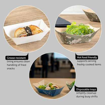 Restaurantware Bio Tek 1 Pound Food Boats 200 Disposable Paper Food Trays - Heavy-Duty Greaseproof Striped Paper Food Boats For Snacks Appetizers Or Treats Use At Parties Or Carnivals