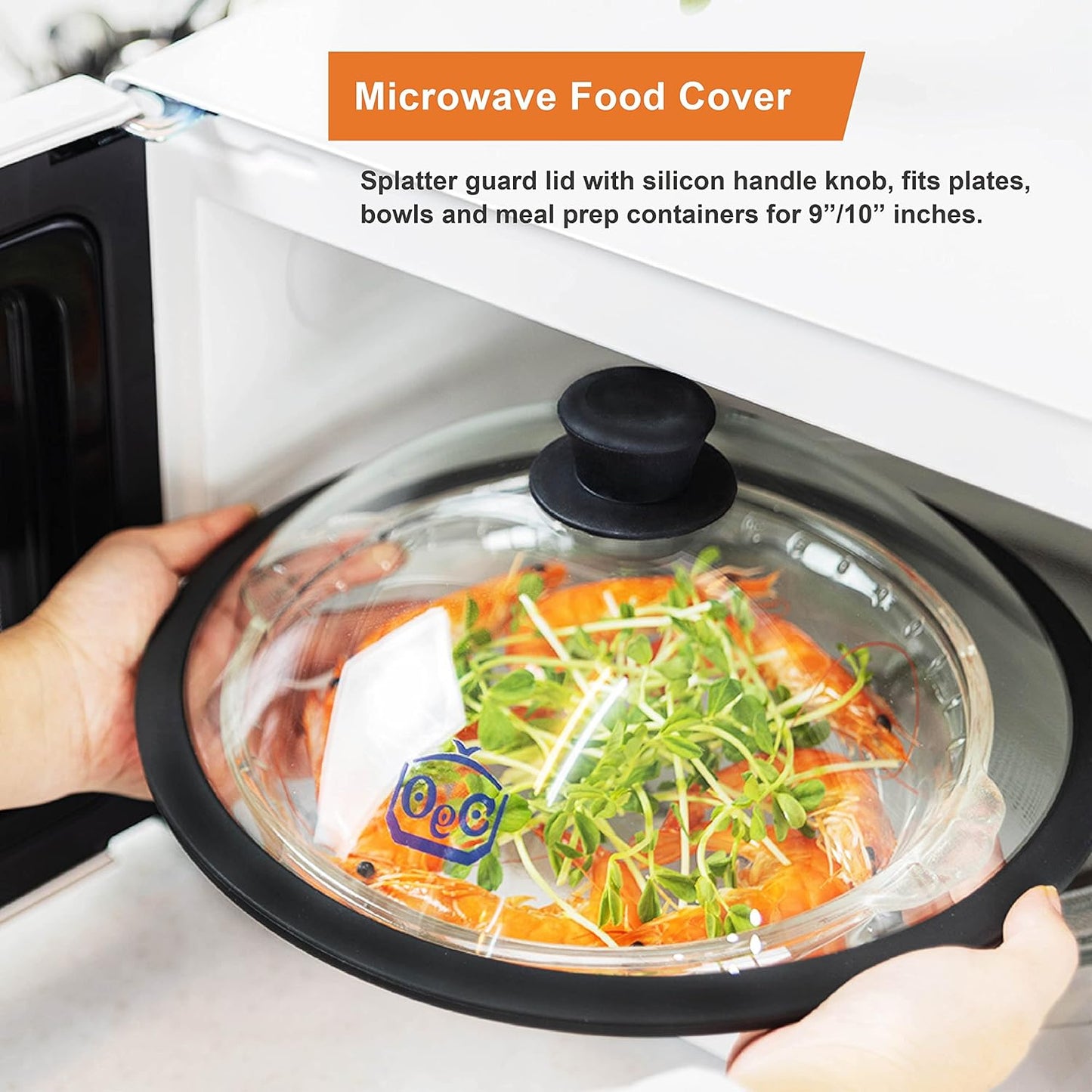 OEC Vented Splatter Guard Microwave Glass Cover for Food with Easy-Grip Handle, 10 inch Diameter, 100% Food Grade Tempered Glass & BPA Free Silicone Rim with Steam Vent, Dishwasher Safe