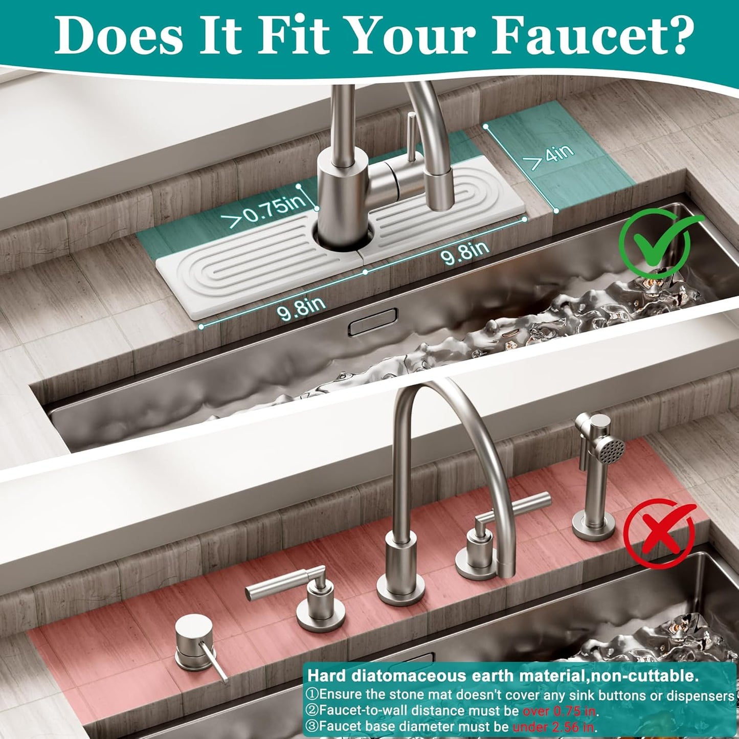 Stone Faucet Mat for Kitchen Sink - Quick Dry Diatomite Sink Splash Guard, Prevents Moisture Buildup & Water Stains, Water Absorbing Stone Tray for Bathroom Countertop (White, 20" x 4")