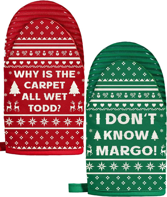 Slohif Mini Christmas Funny Oven Mitts Set – Extended Short Heat Resistant Kitchen Gloves for Women, 100% Cotton Oven Mitts with Silicone Grips, Non-Slip and Thick Durable for Cooking & Baking