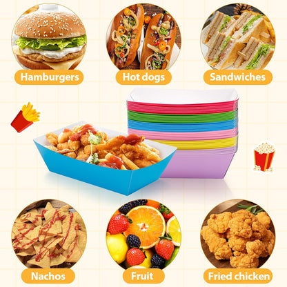 120 Pack Colorful Paper Food Tray Boats, 2LB Disposable Paper Nacho Trays, Grease Resistant Hot Dog Trays, Colored Food Boats Serving Boat Tray for Nacho Hot Dog Fries BBQ Taco