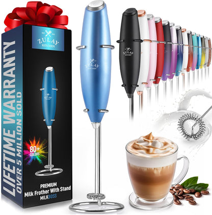 Zulay Powerful Milk Frother Handheld Foam Maker for Lattes - Whisk Drink Mixer for Coffee, Mini Foamer for Cappuccino, Frappe, Matcha, Hot Chocolate by Milk Boss (Metallic Blue)