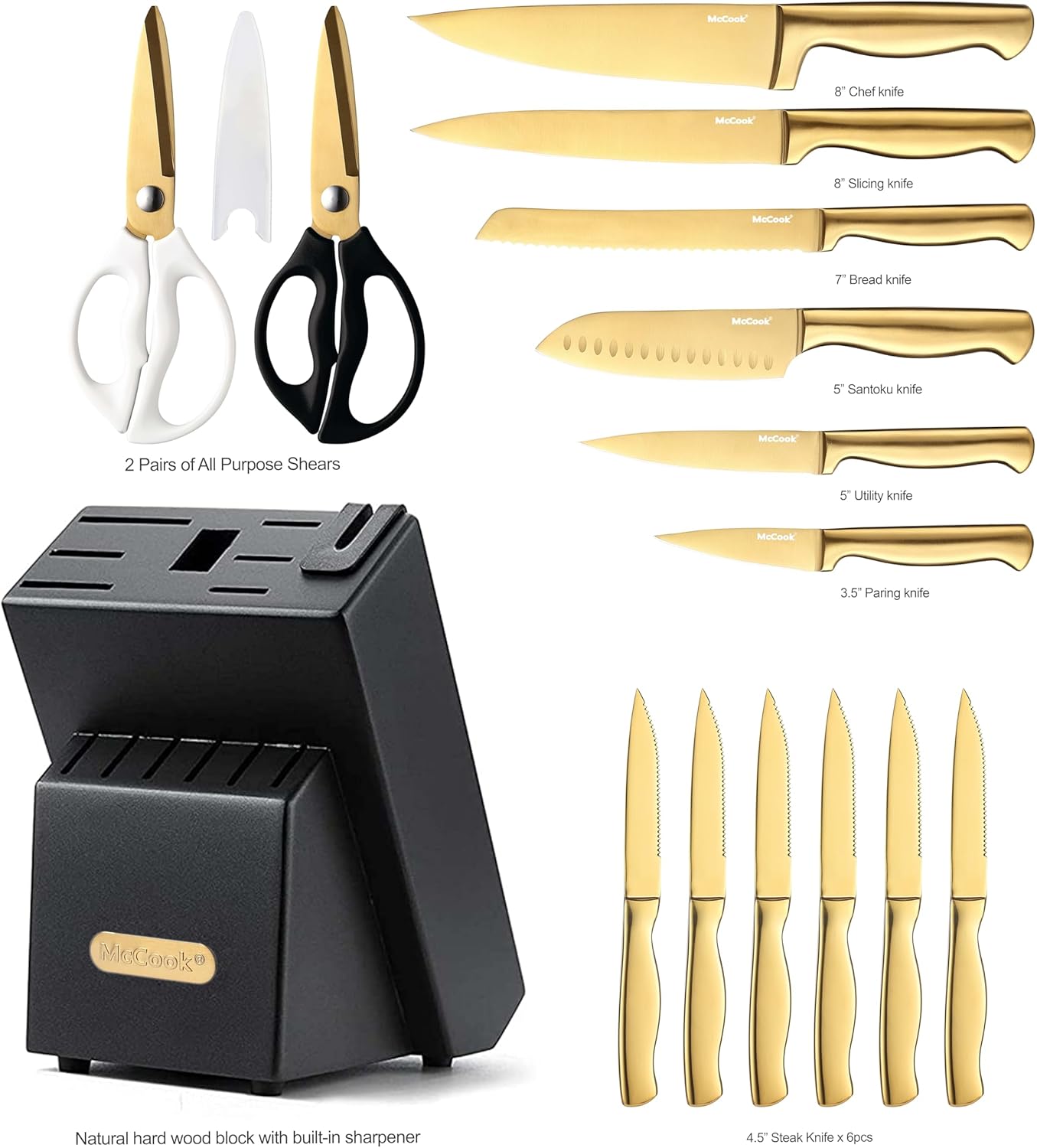 McCook® Knife Sets, Golden Titanium Stainless Steel Kitchen Knife Block Sets with Built-in Sharpener