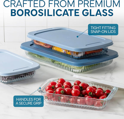 COOK WITH COLOR 8-Piece Deep Glass Baking Dish Set with Plastic Lids – Casserole and Food Storage Containers for Lasagna, Leftovers – Freezer-to-Oven, Microwave & Dishwasher Safe, Fluted Blue