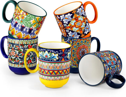 vancasso Boho Coffee Mugs Set of 6, 14 oz Ceramic Mugs with Handle, Colorful Porcelain Cups Microwave Dishwasher Safe, for Latte Tea Cappuccino Cocoa Hot Chocolate
