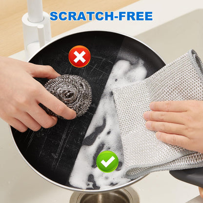 JOYMOOP Multipurpose Non-Scratch Wire Dishwashing Rag for Wet and Dry, Reusable Cleaning Cloths, Scrubbing Pads for Dishes, Glass, Stainless Steel - 5 Pack