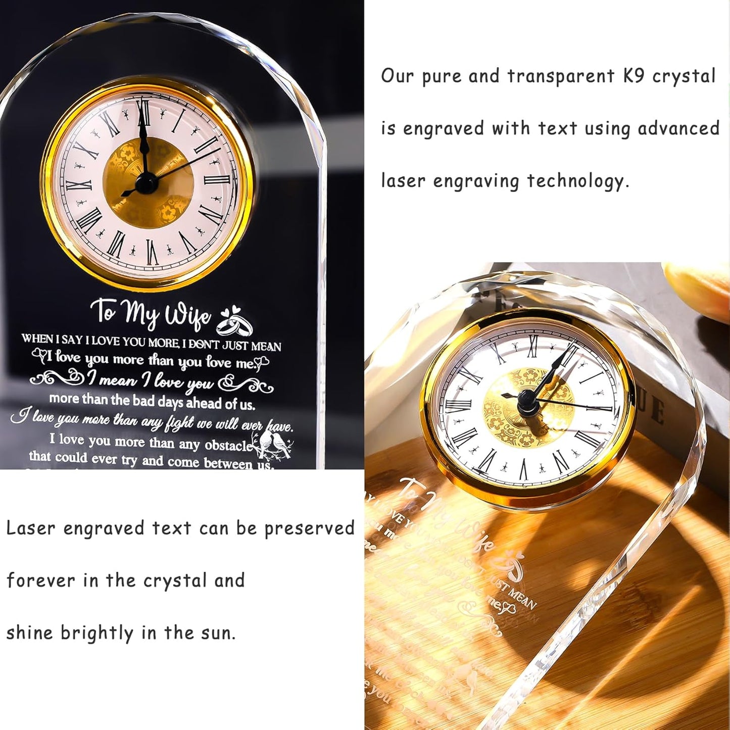 Gifts for Wife from Husband - Crystal Clock, Birthday, Wedding Anniversary Marriage Gifts Idea - to My Wife Clock Presents for Valentines Mother's Day (8.8'' Gift Boxed)