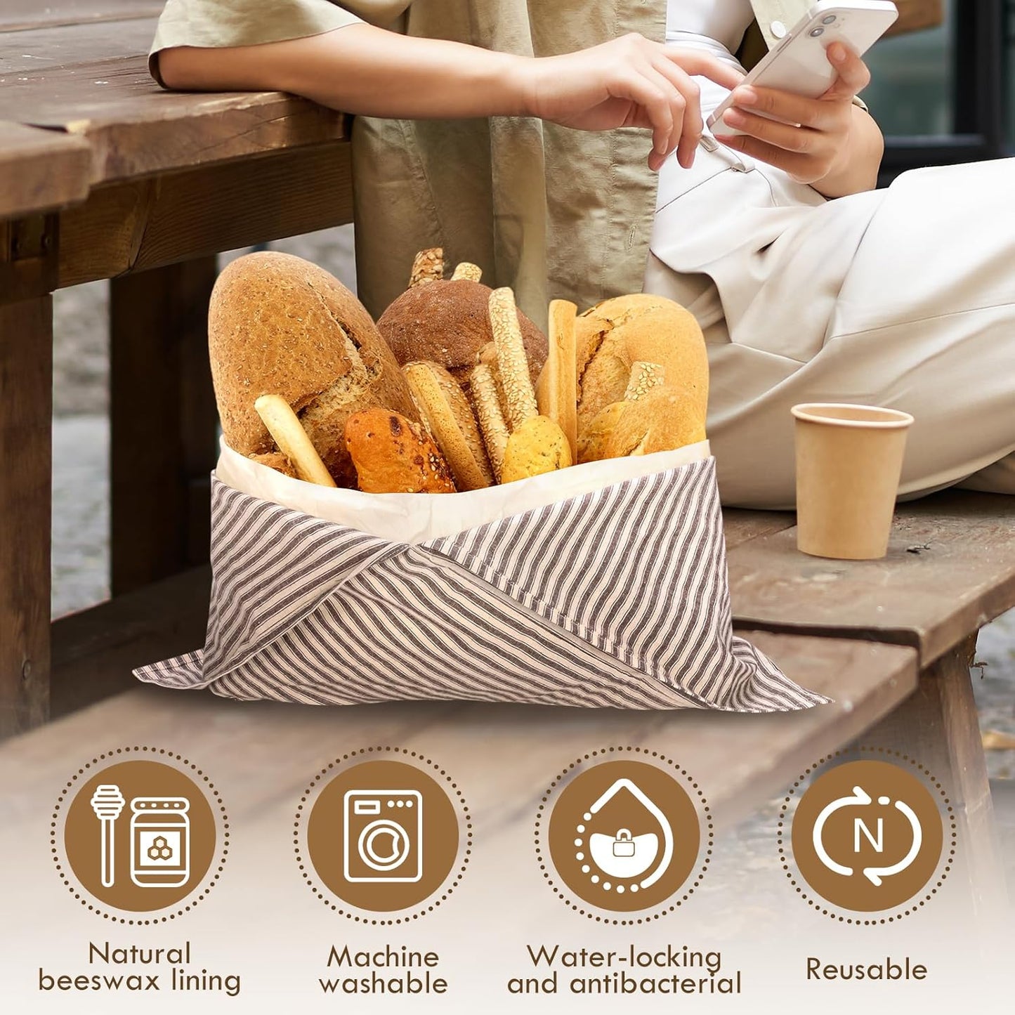 yeload 2 Pack Beeswax Bread Bags, Striped Linen Bento Bags, 14" Cotton Loaf Bag, Reusable Organic Food Storage, Sourdough Bag, Rustic Farmhouse Azuma Bukuro Origami Wrap for Baked Gifts (Caffe, 2)