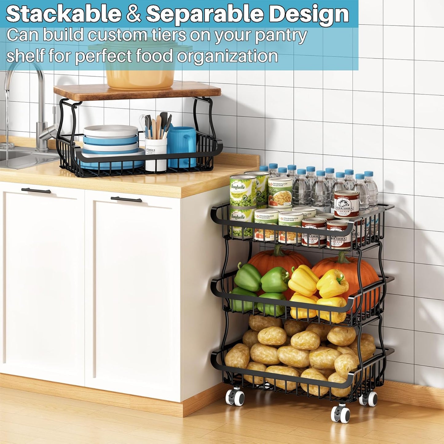 5 Tier Vegetable Fruit Basket for Kitchen, Stackable Metal Fruit and Vegetable Storage Baskets with Rolling Wheels Cart, Pantry organizers and storage for Kitchen Bathroom Livingroom Laundry room Cart