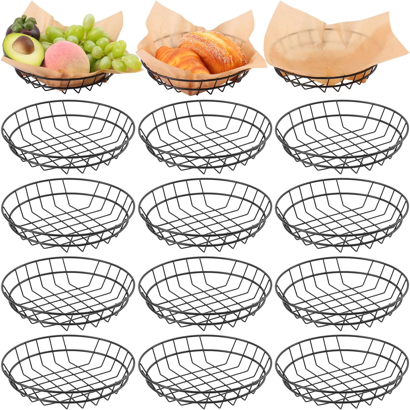 15 Pack 8 Inch Round Wire Bread Basket, Metal Fast Food Baskets with 50 Sheets Deli Wrappers Paper, Metal Dinner Roll Baskets for Home & Kitchen, Serving and Storage(Black)