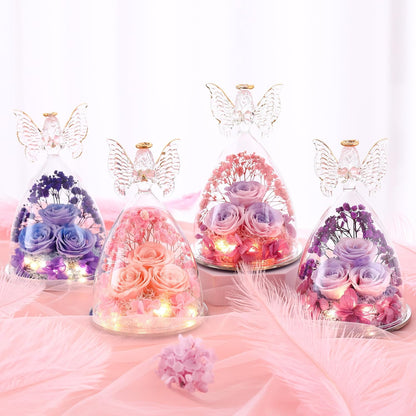 Mothers Day Mom Gifts for Women Preserved Flowers in Glass Angel Forever Flowers Gifts Eternal Roses Gifts for Grandma, PinkpurplePink