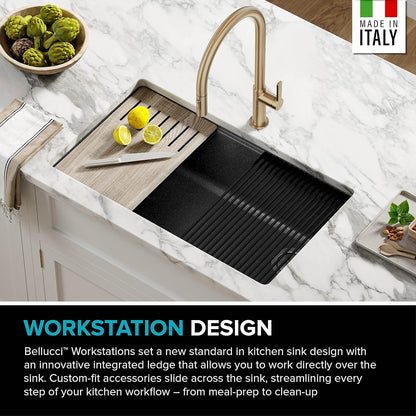 KRAUS Bellucci Workstation 32 in. Undermount Granite Composite Single Bowl Kitchen Sink in Metallic Black with Accessories with WasteGuard™ Continuous Feed Garbage Disposal, KGUW2-33MB-100-75MB