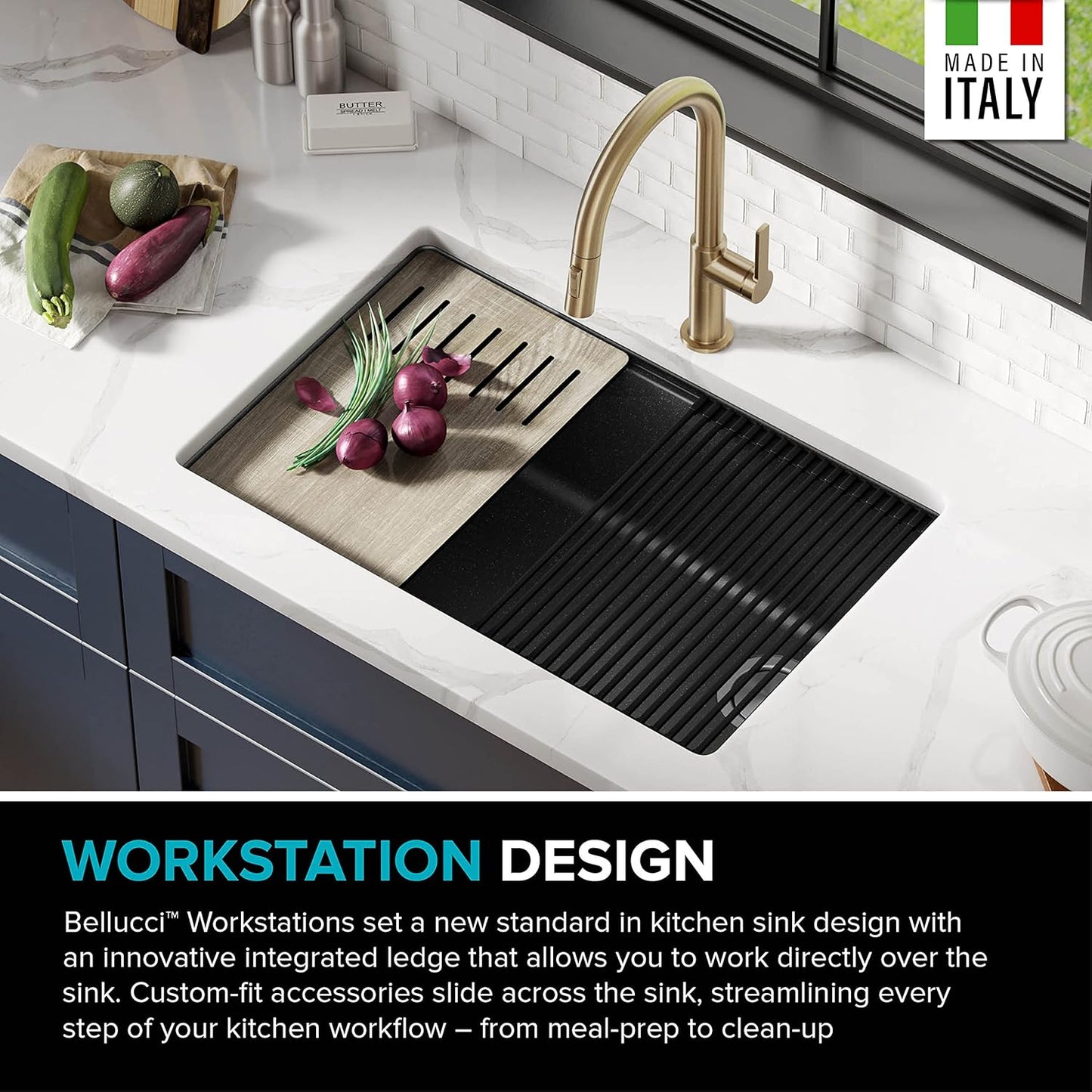 KRAUS Bellucci 30” in. Undermount Workstation Granite Kitchen Sink in Metallic Black with Accessories, KGUW2-30MBL