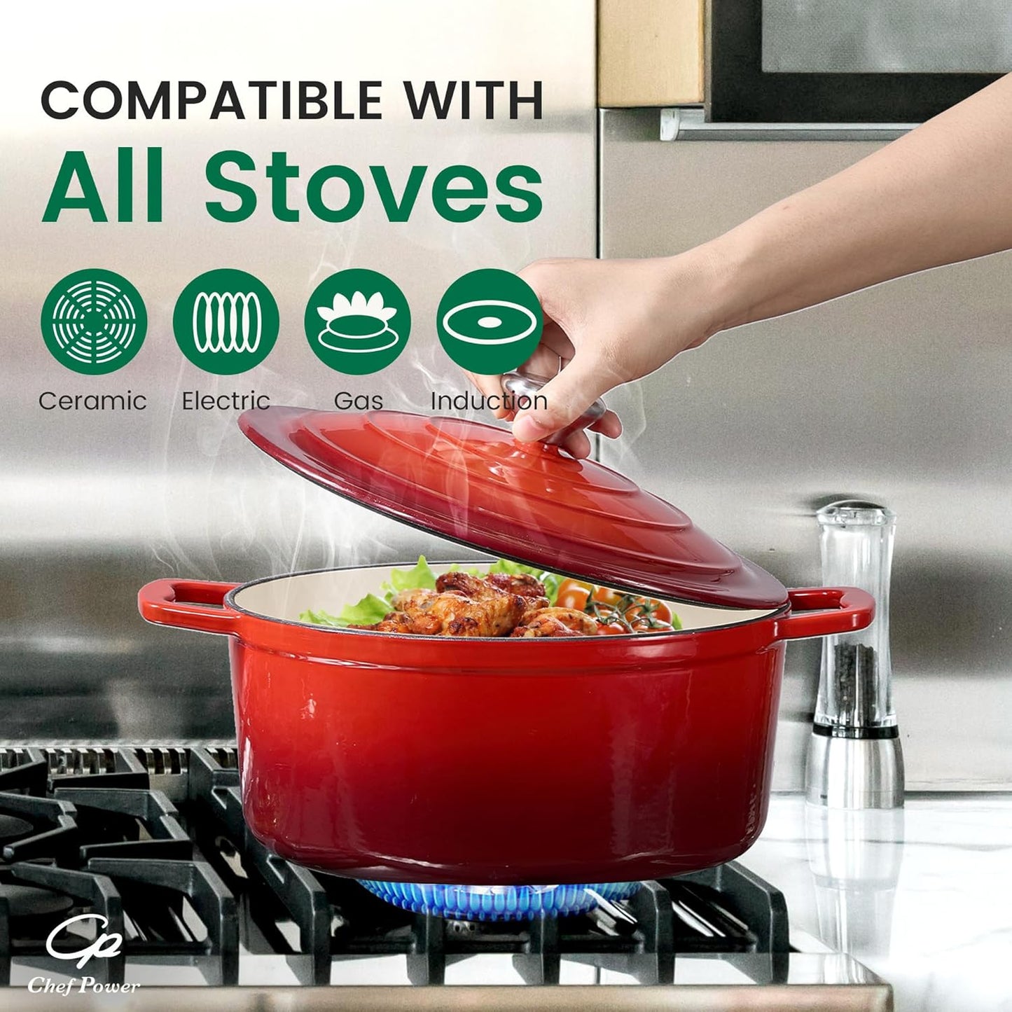 Chef Power Dutch Oven Pot with Lid 5QT, Enameled Cast Iron Dutch Oven for Bread Baking, Braising, Stews, Roasting, Oven Safe Dutch Ovens, Gradient Red