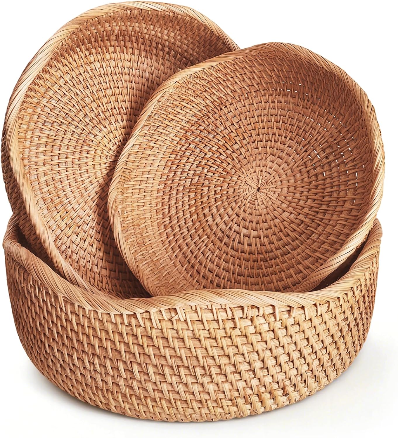 Rattan Bread Baskets for Serving, Hand Woven Food Baskets, Natural Wicker Fruit Basket for Kitchen Counter, Decorative Bread Baskets for Gifts, Snacks, Candies, Nuts, Keys, Wallets, Etc.(Wave-Combo)