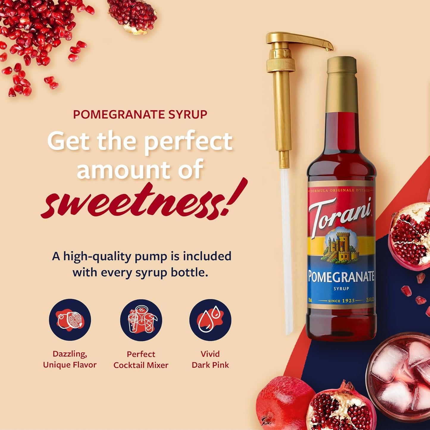 Torani Pomegranate Syrup for Drinks, Flavoring for Iced Tea, Lemonade, Sodas, and Cocktails, Pump Included, 25.4 Oz