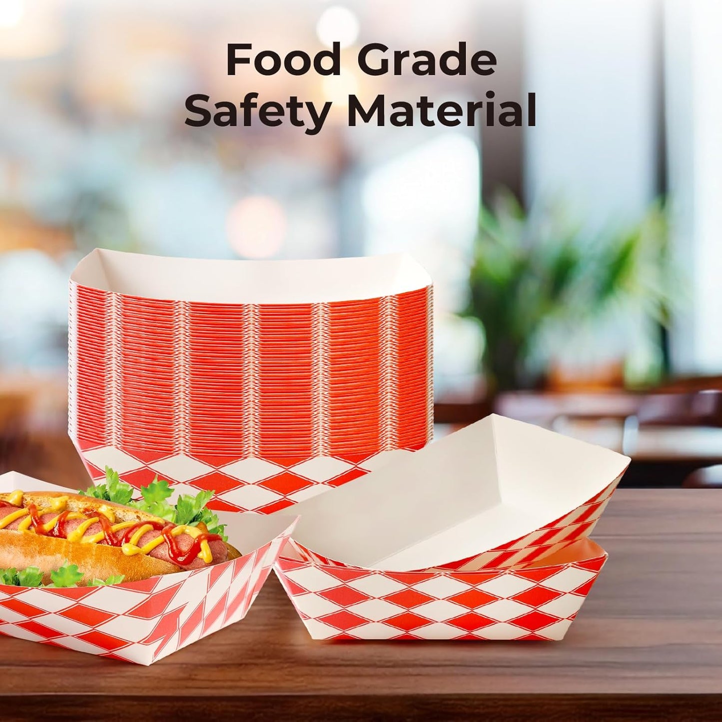 Fit Meal Prep 250 Pack 3 lb Paper Food Trays Heavy Duty Disposable Hot Dog Trays, Paper Food Boat Red Check Nacho Tray for Parties, Fairs, Picnics, Carnivals – Holds Tacos, Fries, Grease Resistant